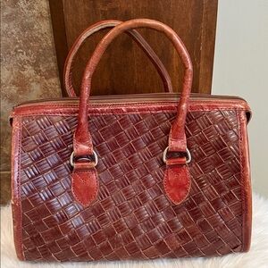 Vintage red brown woven leather satchel structured handbag made in India boho